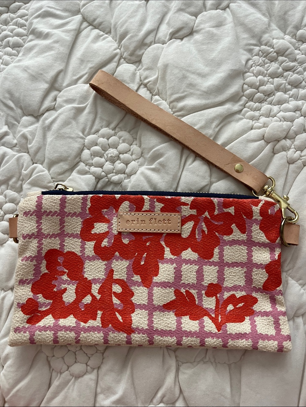 Erin Flett Red Floral Canvas Wristlet Clutch with Leather Strap